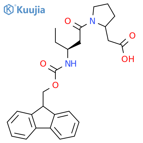 2-{1-(3S)-3-({(9H-fluoren-9-yl)methoxycarbonyl}amino)pentanoylpyrrolidin-2-yl}acetic acid structure