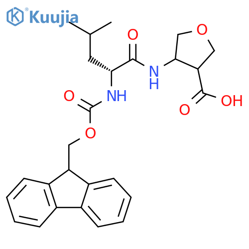 4-(2R)-2-({(9H-fluoren-9-yl)methoxycarbonyl}amino)-4-methylpentanamidooxolane-3-carboxylic acid structure