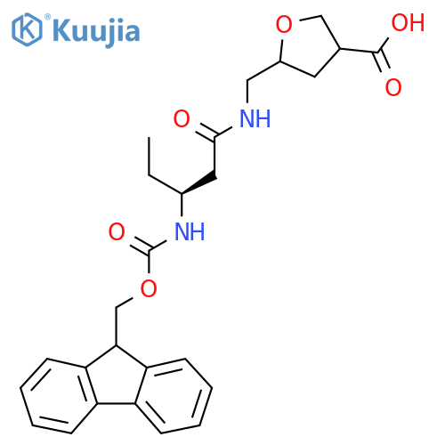 5-{(3S)-3-({(9H-fluoren-9-yl)methoxycarbonyl}amino)pentanamidomethyl}oxolane-3-carboxylic acid structure
