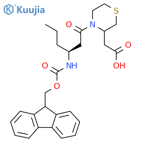 2-{4-(3S)-3-({(9H-fluoren-9-yl)methoxycarbonyl}amino)hexanoylthiomorpholin-3-yl}acetic acid structure