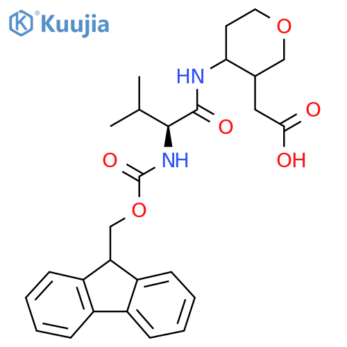 2-{4-(2S)-2-({(9H-fluoren-9-yl)methoxycarbonyl}amino)-3-methylbutanamidooxan-3-yl}acetic acid structure