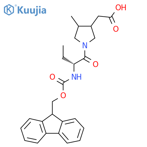 2-{1-(2R)-2-({(9H-fluoren-9-yl)methoxycarbonyl}amino)butanoyl-4-methylpyrrolidin-3-yl}acetic acid structure