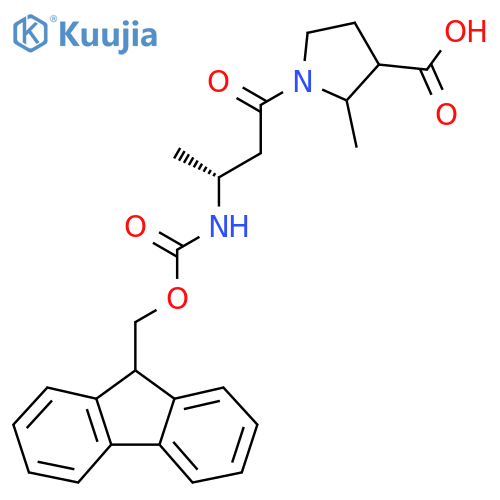 1-[(3R)-3-({[(9H-fluoren-9-yl)methoxy]carbonyl}amino)butanoyl]-2-methylpyrrolidine-3-carboxylic acid structure