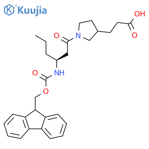 3-{1-(3S)-3-({(9H-fluoren-9-yl)methoxycarbonyl}amino)hexanoylpyrrolidin-3-yl}propanoic acid structure
