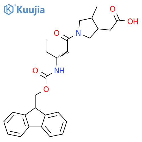 2-{1-(3R)-3-({(9H-fluoren-9-yl)methoxycarbonyl}amino)pentanoyl-4-methylpyrrolidin-3-yl}acetic acid structure