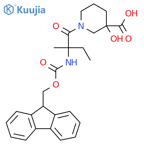 1-2-({(9H-fluoren-9-yl)methoxycarbonyl}amino)-2-methylbutanoyl-3-hydroxypiperidine-3-carboxylic acid structure
