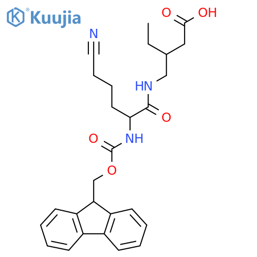 3-{5-cyano-2-({(9H-fluoren-9-yl)methoxycarbonyl}amino)pentanamidomethyl}pentanoic acid structure