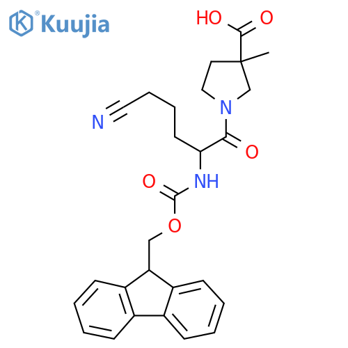 1-5-cyano-2-({(9H-fluoren-9-yl)methoxycarbonyl}amino)pentanoyl-3-methylpyrrolidine-3-carboxylic acid structure