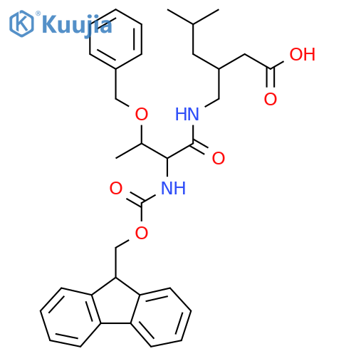 3-{3-(benzyloxy)-2-({(9H-fluoren-9-yl)methoxycarbonyl}amino)butanamidomethyl}-5-methylhexanoic acid structure