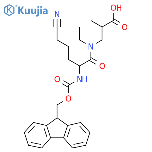 3-5-cyano-N-ethyl-2-({(9H-fluoren-9-yl)methoxycarbonyl}amino)pentanamido-2-methylpropanoic acid structure