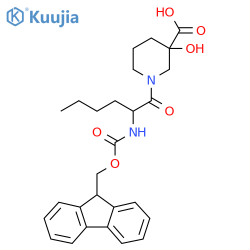 1-2-({(9H-fluoren-9-yl)methoxycarbonyl}amino)hexanoyl-3-hydroxypiperidine-3-carboxylic acid structure