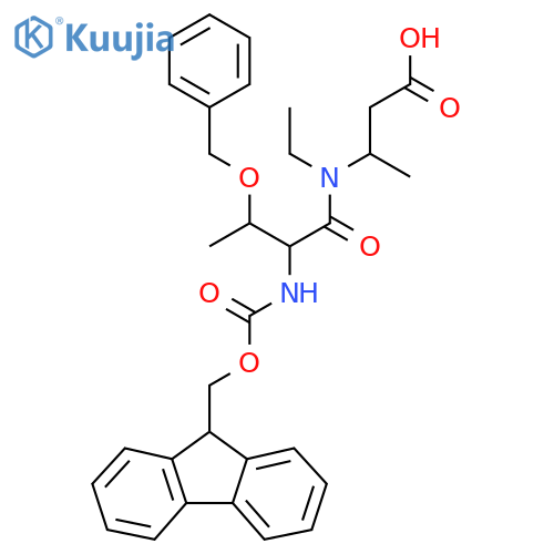 3-3-(benzyloxy)-N-ethyl-2-({(9H-fluoren-9-yl)methoxycarbonyl}amino)butanamidobutanoic acid structure