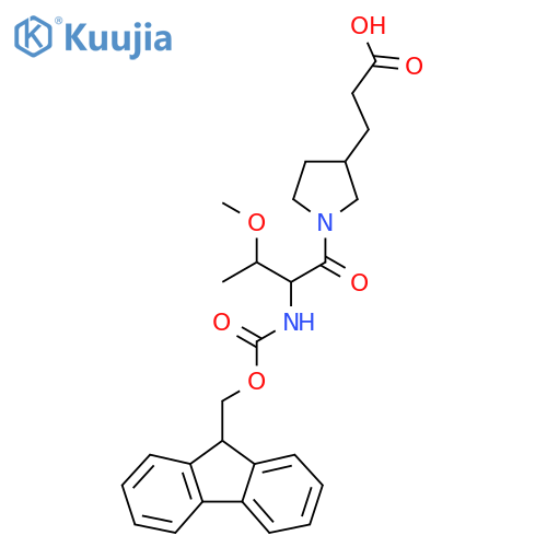 3-{1-2-({(9H-fluoren-9-yl)methoxycarbonyl}amino)-3-methoxybutanoylpyrrolidin-3-yl}propanoic acid structure