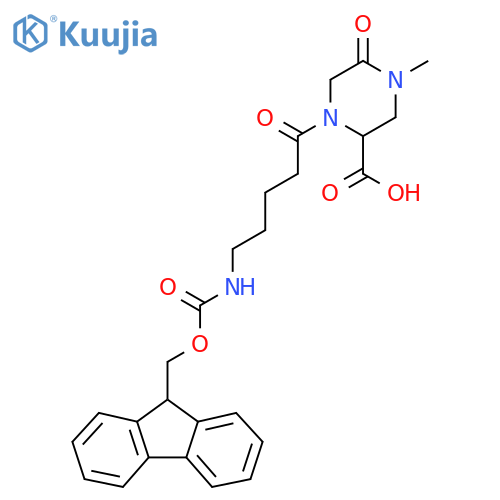 1-5-({(9H-fluoren-9-yl)methoxycarbonyl}amino)pentanoyl-4-methyl-5-oxopiperazine-2-carboxylic acid structure