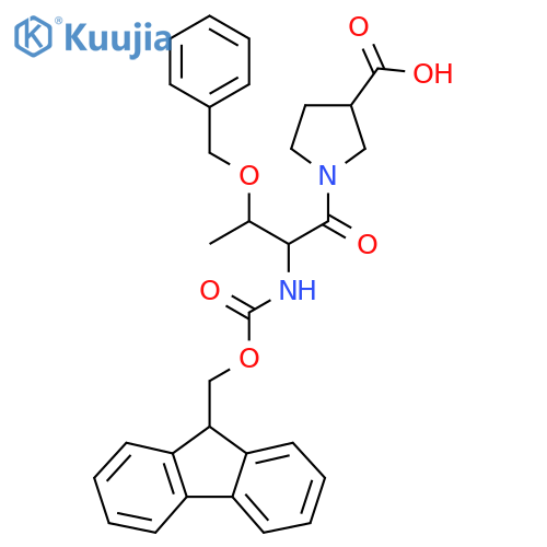 1-3-(benzyloxy)-2-({(9H-fluoren-9-yl)methoxycarbonyl}amino)butanoylpyrrolidine-3-carboxylic acid structure