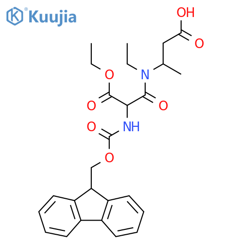 3-N-ethyl-2-(ethyl carboxy)-2-({(9H-fluoren-9-yl)methoxycarbonyl}amino)acetamidobutanoic acid structure