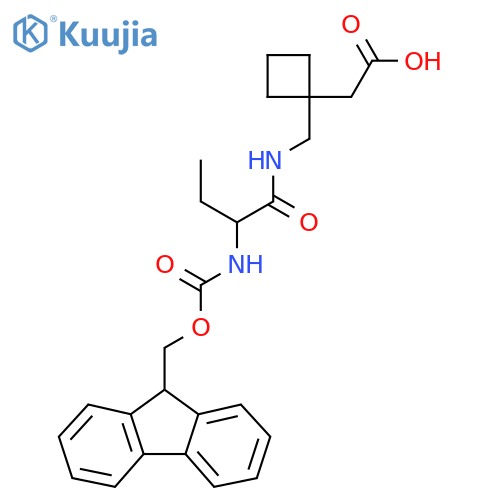2-(1-{2-({(9H-fluoren-9-yl)methoxycarbonyl}amino)butanamidomethyl}cyclobutyl)acetic acid structure