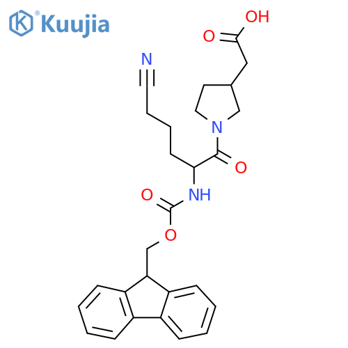 2-{1-5-cyano-2-({(9H-fluoren-9-yl)methoxycarbonyl}amino)pentanoylpyrrolidin-3-yl}acetic acid structure