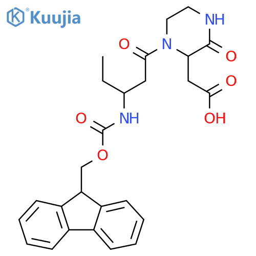 2-{1-3-({(9H-fluoren-9-yl)methoxycarbonyl}amino)pentanoyl-3-oxopiperazin-2-yl}acetic acid structure