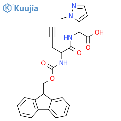 2-2-({(9H-fluoren-9-yl)methoxycarbonyl}amino)pent-4-ynamido-2-(1-methyl-1H-pyrazol-5-yl)acetic acid structure