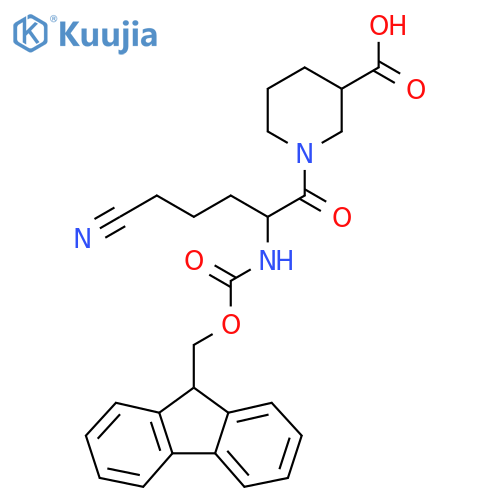1-5-cyano-2-({(9H-fluoren-9-yl)methoxycarbonyl}amino)pentanoylpiperidine-3-carboxylic acid structure