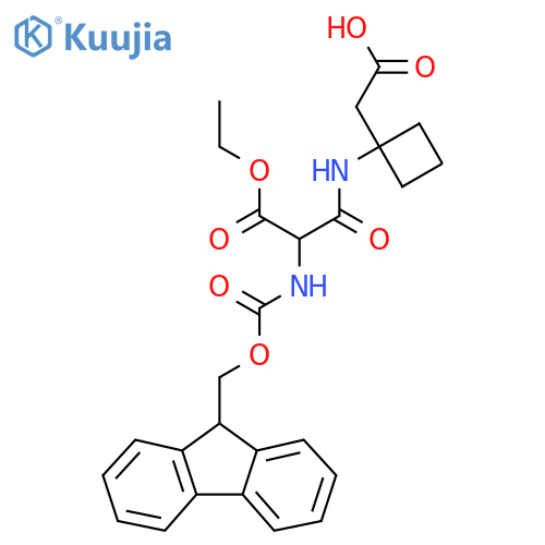 2-{1-2-(ethyl carboxy)-2-({(9H-fluoren-9-yl)methoxycarbonyl}amino)acetamidocyclobutyl}acetic acid structure