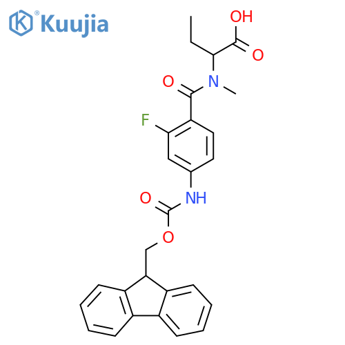 2-{1-4-({(9H-fluoren-9-yl)methoxycarbonyl}amino)-2-fluorophenyl-N-methylformamido}butanoic acid structure