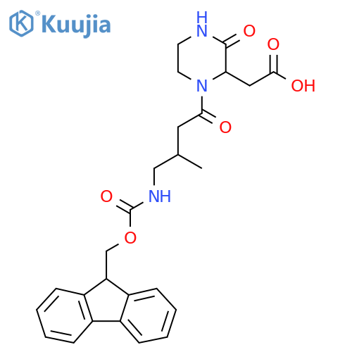 2-{1-4-({(9H-fluoren-9-yl)methoxycarbonyl}amino)-3-methylbutanoyl-3-oxopiperazin-2-yl}acetic acid structure