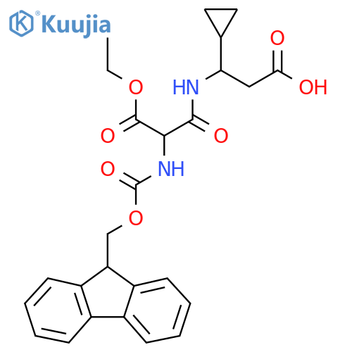 3-cyclopropyl-3-2-(ethyl carboxy)-2-({(9H-fluoren-9-yl)methoxycarbonyl}amino)acetamidopropanoic acid structure