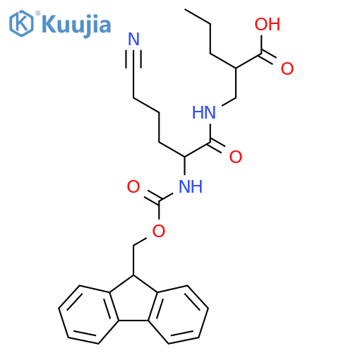 2-{5-cyano-2-({(9H-fluoren-9-yl)methoxycarbonyl}amino)pentanamidomethyl}pentanoic acid structure
