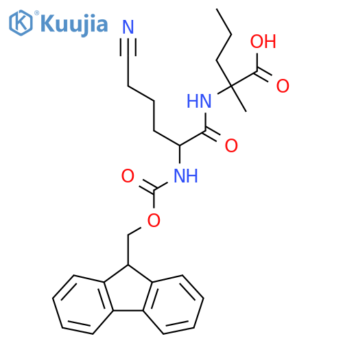 2-5-cyano-2-({(9H-fluoren-9-yl)methoxycarbonyl}amino)pentanamido-2-methylpentanoic acid structure