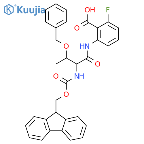 2-3-(benzyloxy)-2-({(9H-fluoren-9-yl)methoxycarbonyl}amino)butanamido-6-fluorobenzoic acid structure