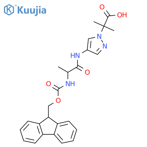 2-{4-2-({(9H-fluoren-9-yl)methoxycarbonyl}amino)propanamido-1H-pyrazol-1-yl}-2-methylpropanoic acid structure