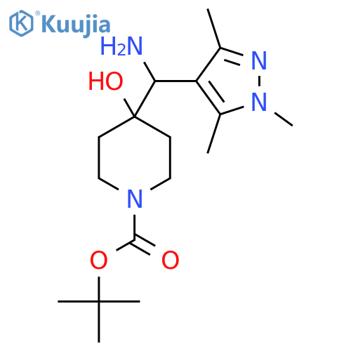tert-butyl 4-amino(trimethyl-1H-pyrazol-4-yl)methyl-4-hydroxypiperidine-1-carboxylate structure