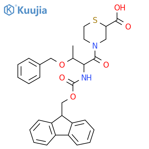 4-3-(benzyloxy)-2-({(9H-fluoren-9-yl)methoxycarbonyl}amino)butanoylthiomorpholine-2-carboxylic acid structure