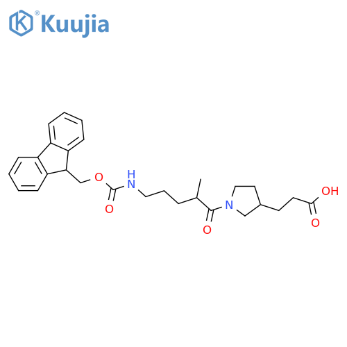 3-{1-5-({(9H-fluoren-9-yl)methoxycarbonyl}amino)-2-methylpentanoylpyrrolidin-3-yl}propanoic acid structure