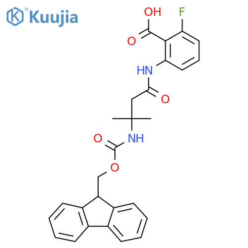 2-3-({(9H-fluoren-9-yl)methoxycarbonyl}amino)-3-methylbutanamido-6-fluorobenzoic acid structure