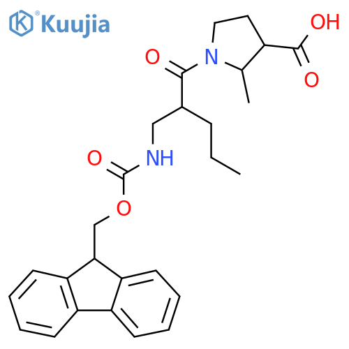 1-{2-({(9H-fluoren-9-yl)methoxycarbonyl}amino)methylpentanoyl}-2-methylpyrrolidine-3-carboxylic acid structure