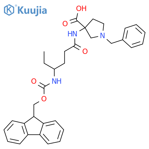 1-benzyl-3-4-({(9H-fluoren-9-yl)methoxycarbonyl}amino)hexanamidopyrrolidine-3-carboxylic acid structure