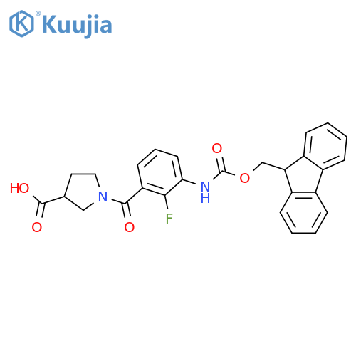 1-3-({(9H-fluoren-9-yl)methoxycarbonyl}amino)-2-fluorobenzoylpyrrolidine-3-carboxylic acid structure