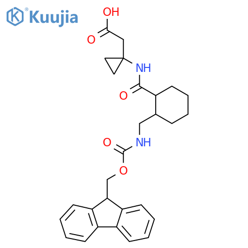 2-(1-{2-({(9H-fluoren-9-yl)methoxycarbonyl}amino)methylcyclohexaneamido}cyclopropyl)acetic acid structure
