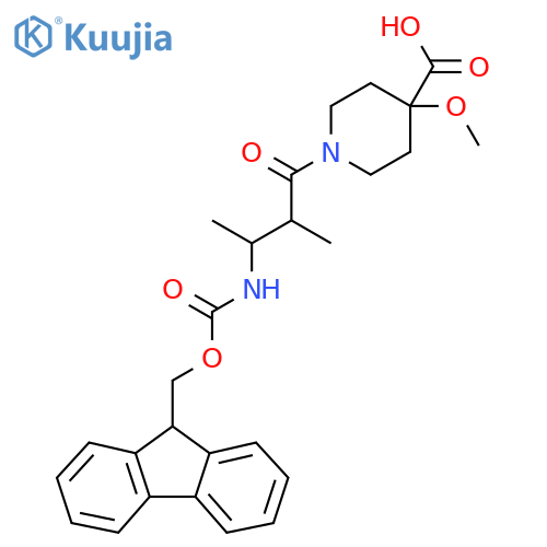 1-3-({(9H-fluoren-9-yl)methoxycarbonyl}amino)-2-methylbutanoyl-4-methoxypiperidine-4-carboxylic acid structure
