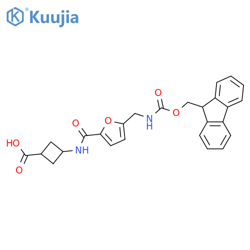 3-{5-({(9H-fluoren-9-yl)methoxycarbonyl}amino)methylfuran-2-amido}cyclobutane-1-carboxylic acid structure
