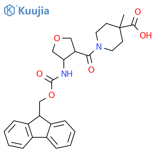 1-4-({(9H-fluoren-9-yl)methoxycarbonyl}amino)oxolane-3-carbonyl-4-methylpiperidine-4-carboxylic acid structure