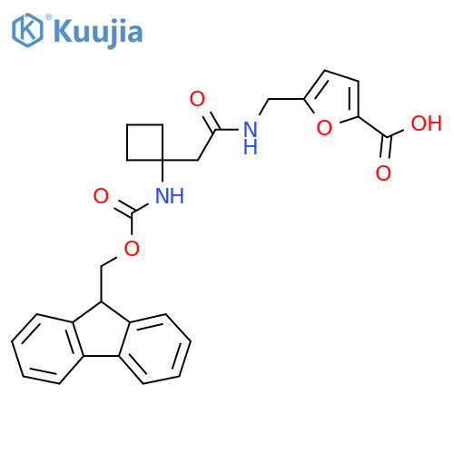 5-({2-1-({(9H-fluoren-9-yl)methoxycarbonyl}amino)cyclobutylacetamido}methyl)furan-2-carboxylic acid structure