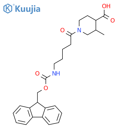 1-5-({(9H-fluoren-9-yl)methoxycarbonyl}amino)pentanoyl-3-methylpiperidine-4-carboxylic acid structure