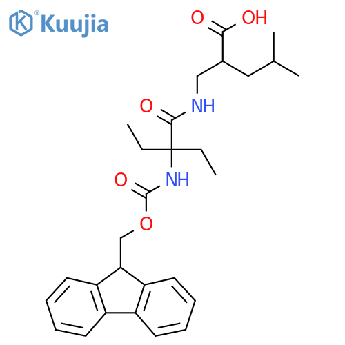 2-{2-ethyl-2-({(9H-fluoren-9-yl)methoxycarbonyl}amino)butanamidomethyl}-4-methylpentanoic acid structure