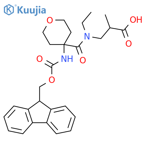 3-{N-ethyl-1-4-({(9H-fluoren-9-yl)methoxycarbonyl}amino)oxan-4-ylformamido}-2-methylpropanoic acid structure