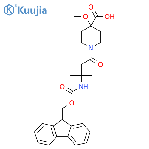 1-3-({(9H-fluoren-9-yl)methoxycarbonyl}amino)-3-methylbutanoyl-4-methoxypiperidine-4-carboxylic acid structure
