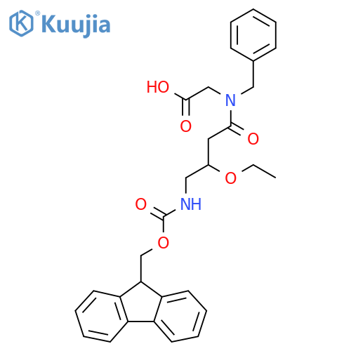 2-N-benzyl-3-ethoxy-4-({(9H-fluoren-9-yl)methoxycarbonyl}amino)butanamidoacetic acid structure